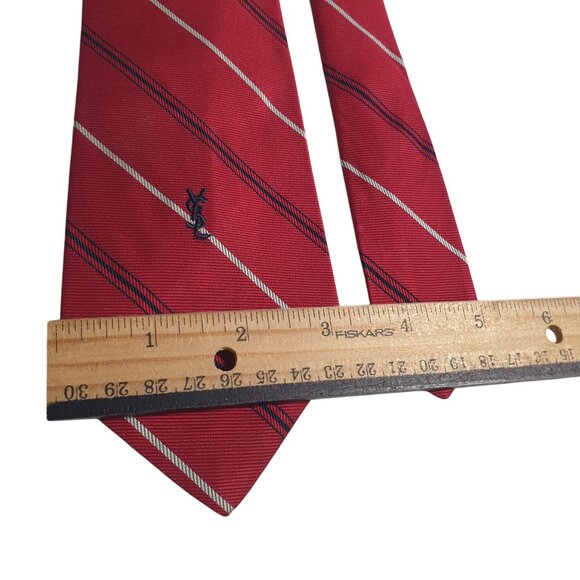 Yves Saint Laurent Red Blue Vintage Striped Silk Tie Embroidered Logo Classic - Picture 3 of 6